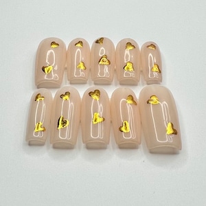 Gold heart nails, beige nails, Valentines Nails, Valentine’s Day press on nails, vday nails,heart nails,Valentines Day nails,vday nails 2023