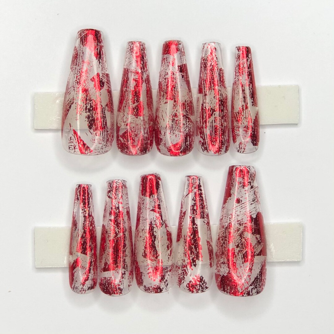 Red Foil Press on Nails Foil Press on Nails Red Nails Long - Etsy