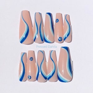 Blue abstract press on nails, evil eye nails, blue evil eye press on nails, summer nails, fall nails, blue evil eye, trending nails, nails