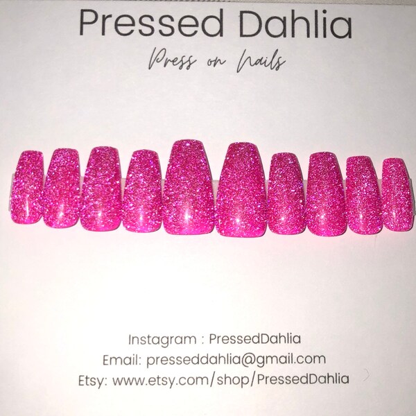 Hot pink reflective press on nails, pink reflective nails, trending reflective nails,flash nails, pink nails, Valentine’s Day nails, nails