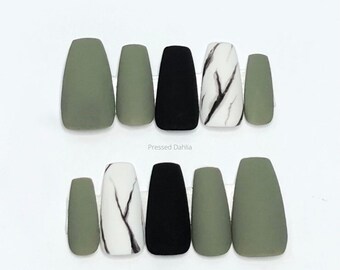 White marble nails, black marble nails, fall press on nails, spring nails, green nails, matte green nails, fall green nails, 2023 fall nails