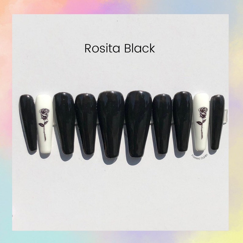 Black press on nails black rose nails black rose press ons Etsy