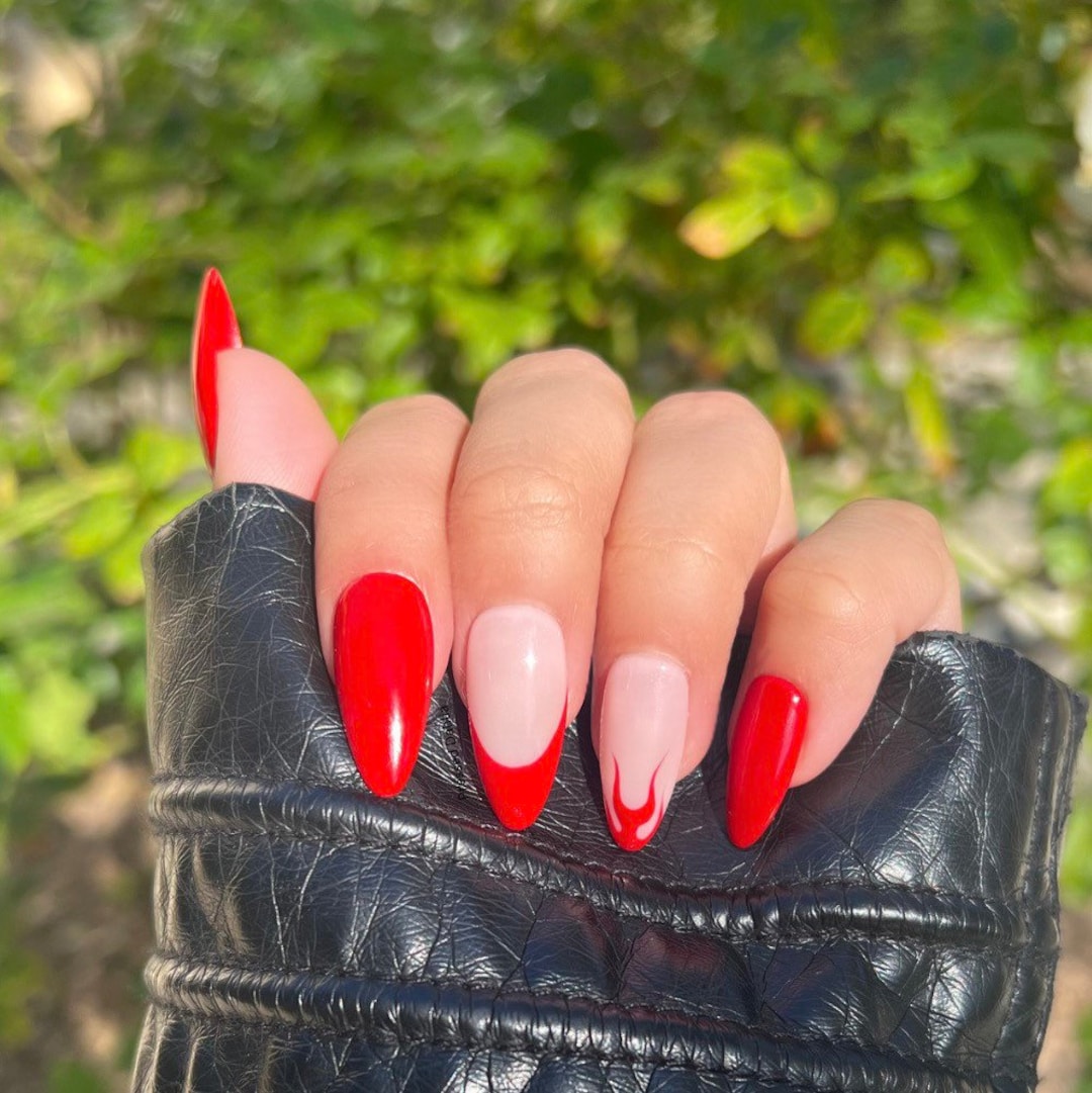 Red Flame Press on Nailsfrench Tip Nails Red Nails Trending Etsy