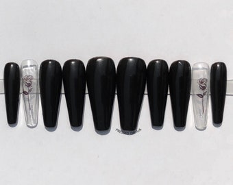 Black press on nails, black valentines day nails,black rose press on nails, black nails, long black nails, spooky nails,Halloween nails