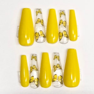 Yellow butterfly nails, yellow press on nails, yellow summer nails, butterfly nails, yellow nails, summer nails, trending nails, fall nails