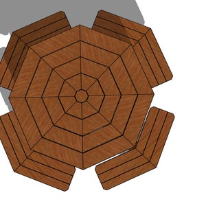 Op de afbeelding: Een achthoekige houten tafel met zes bevestigde banken. De tafel en banken zijn bruin en hebben een houtnerfpatroon.