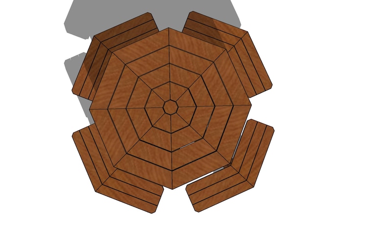 Op de afbeelding: Een achthoekige houten tafel met zes bevestigde banken. De tafel en banken zijn bruin en hebben een houtnerfpatroon.