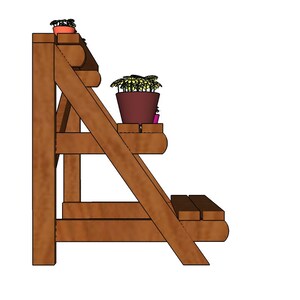 May include: A wooden plant stand with three shelves. The stand is brown and has a rustic look. There are two potted plants on the stand.