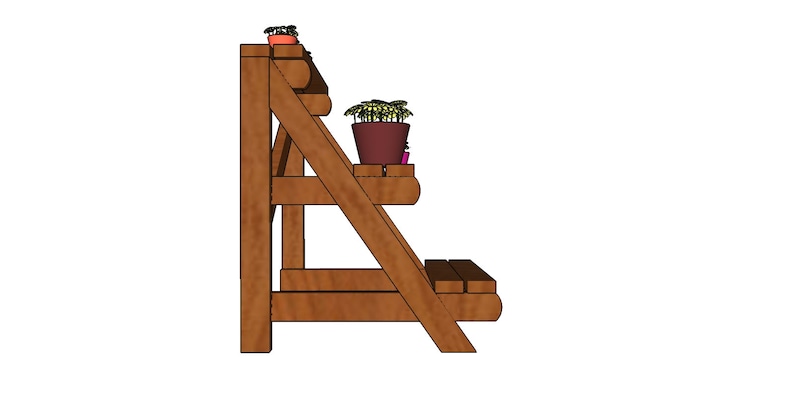 May include: A wooden plant stand with three shelves. The stand is brown and has a rustic look. There are two potted plants on the stand.