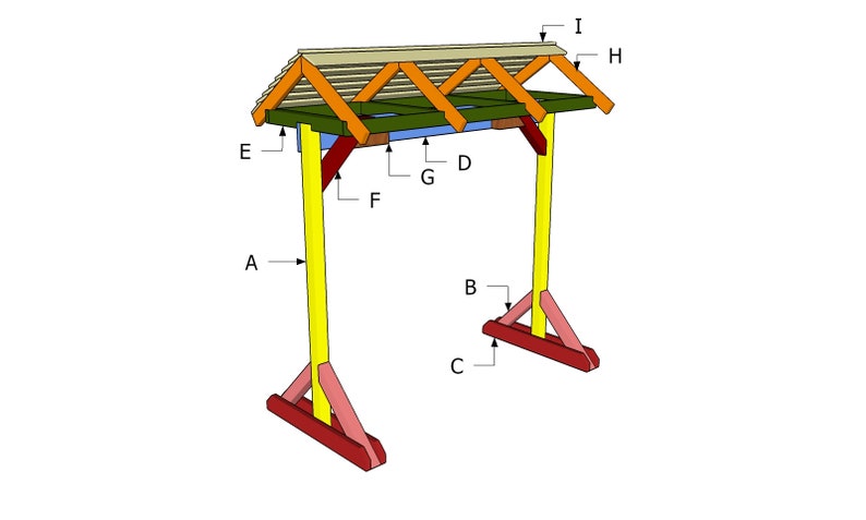Puede incluir: Diagrama de un columpio de madera con un techo a dos aguas. El columpio est&aacute; etiquetado con las letras A a I. El columpio est&aacute; hecho de madera amarilla, naranja, roja y verde.