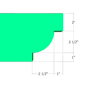 May include: A green architectural drawing of a wooden beam profile. The beam is 2 inches high, 2.5 inches wide, and 1 inch deep. The curved section is 2.5 inches wide.