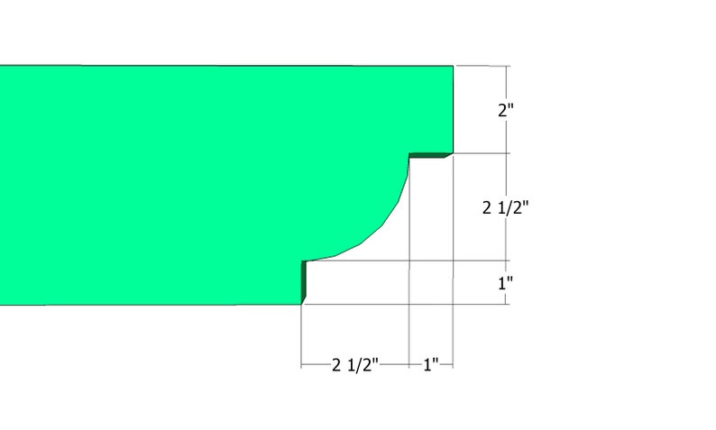 May include: A green architectural drawing of a wooden beam profile. The beam is 2 inches high, 2.5 inches wide, and 1 inch deep. The curved section is 2.5 inches wide.