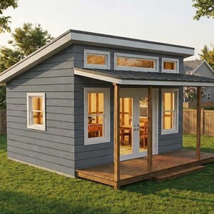 Op de afbeelding: Een kleine, grijze schuur met een houten terras en veranda. De schuur heeft een plat dak en verschillende ramen, waaronder dubbele deuren. De structuur is omgeven door groen gras en een houten hek.