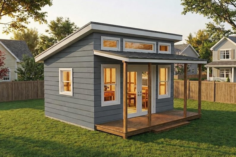 Op de afbeelding: Een kleine, grijze schuur met een houten terras en veranda. De schuur heeft een plat dak en verschillende ramen, waaronder dubbele deuren. De structuur is omgeven door groen gras en een houten hek.