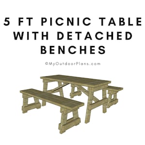 5 ft Picnic Table with Detached Benches Plans - PDF Download