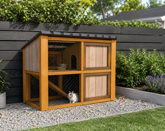 May include: A two-story wooden rabbit hutch featuring a slanted dark roof, light brown vertical wood paneling, and a bright orange frame. The structure includes wire mesh enclosures on the left side and solid wooden doors on the right side.