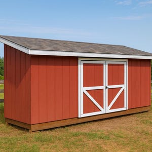 May include: A red wooden shed with a white-framed double door and a brown roof. The shed is set on a grassy area with a wooden fence and trees in the background. The sky is blue.