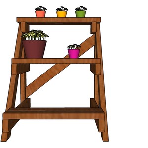 May include: A wooden plant stand with two shelves. The stand is shaped like a ladder and has a brown finish. There are five potted plants on the shelves, including one with green leaves and four with colorful flowers.