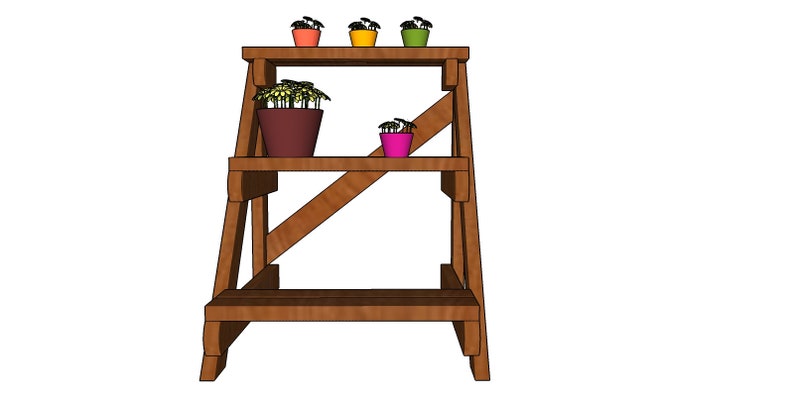 May include: A wooden plant stand with two shelves. The stand is shaped like a ladder and has a brown finish. There are five potted plants on the shelves, including one with green leaves and four with colorful flowers.