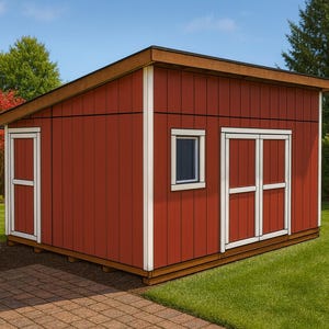 May include: A red storage shed with white trim and a brown roof. The shed has a single door, a window, and a side door. It is set on a green lawn with a brick pathway and surrounded by trees and bushes.