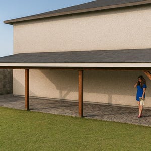 May include: A wooden pergola with a dark grey shingled roof and brown support beams. The pergola is attached to a light beige stucco building. A woman in a blue dress and pink shoes stands near the pergola.