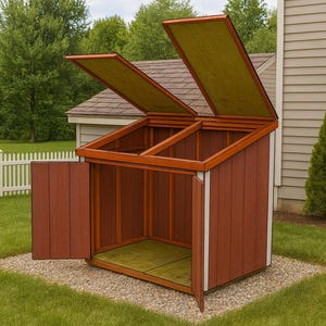 May include: A wooden outdoor storage shed with a red-brown finish, open doors, and a hinged lid. The shed is set on a gravel base and has a green interior. The background includes a white picket fence, trees, and a house.