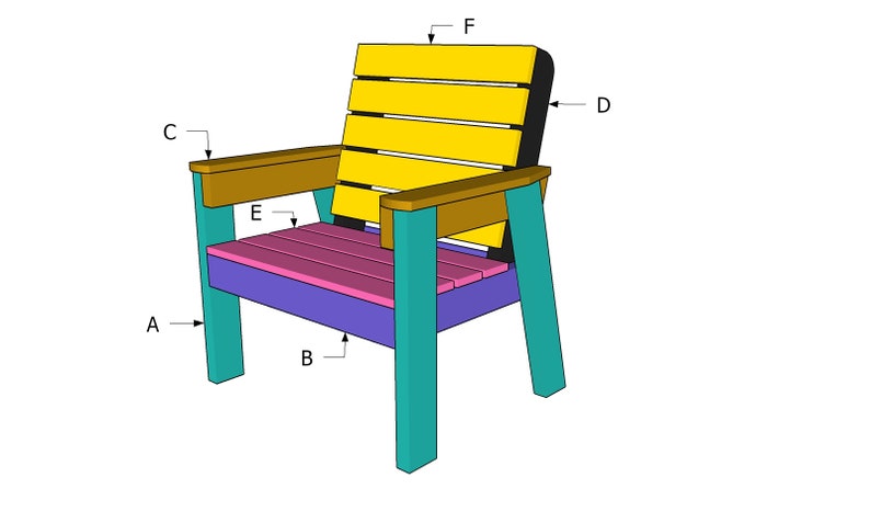 May include: A wooden chair with a yellow back, brown arms, and teal legs. The chair has a pink seat and a purple base.