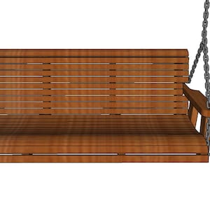 Pode incluir: Um banco de balan&ccedil;o de madeira com encosto e assento de ripas, pendurado em duas correntes.
