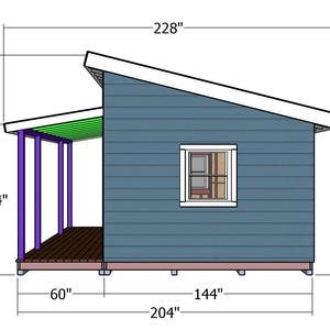 Op de afbeelding: Zijaanzicht van een blauwe schuur met een veranda. De schuur is 579 cm lang, 386 cm hoog en 518 cm breed. De veranda heeft paarse kolommen en een groen dak. Een raam is zichtbaar aan de zijkant van de schuur.