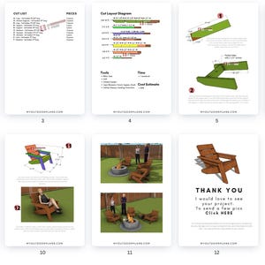 Może przedstawiać: 12-stronicowy cyfrowy plik do pobrania z planami budowy nowoczesnego krzesła Adirondack. Plany zawierają szczeg&oacute;łowe diagramy, listy cięć i instrukcje montażu. Krzesło jest wykonane z drewna i ma naturalne wykończenie. Plany można pobrać ze strony internetowej MyOutdoorPlans.com.