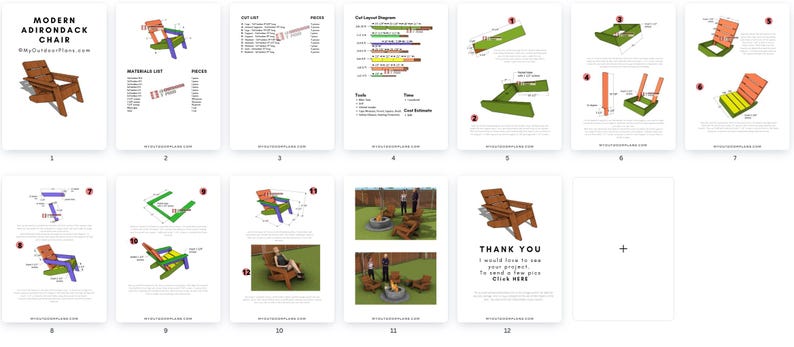 Może przedstawiać: 12-stronicowy cyfrowy plik do pobrania z planami budowy nowoczesnego krzesła Adirondack. Plany zawierają szczeg&oacute;łowe diagramy, listy cięć i instrukcje montażu. Krzesło jest wykonane z drewna i ma naturalne wykończenie. Plany można pobrać ze strony internetowej MyOutdoorPlans.com.