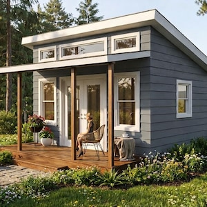 May include: A small, gray cabin with a white trim and a porch. The cabin has a sloped roof and several windows. A person is sitting on a chair on the porch. The cabin is surrounded by trees and greenery.