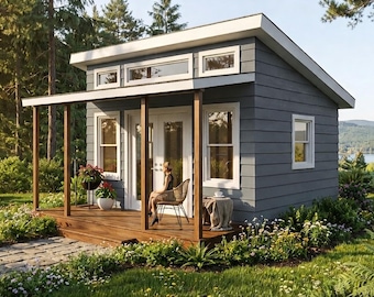 May include: A small, gray cabin with a white trim and a porch. The cabin has a sloped roof and several windows. A person is sitting on a chair on the porch. The cabin is surrounded by trees and greenery.