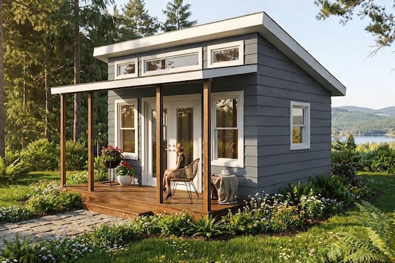 12x16 Modern Shed Plans with Porch – Backyard Office/Studio (PDF Download)
