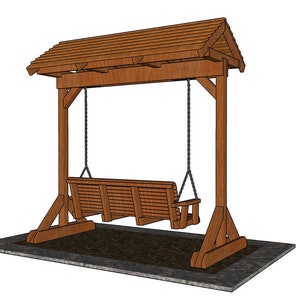 Puede incluir: Un columpio de madera con techo, que incluye un banco de columpio de madera marr&oacute;n suspendido de cadenas. El columpio est&aacute; sobre una base de hormig&oacute;n gris.