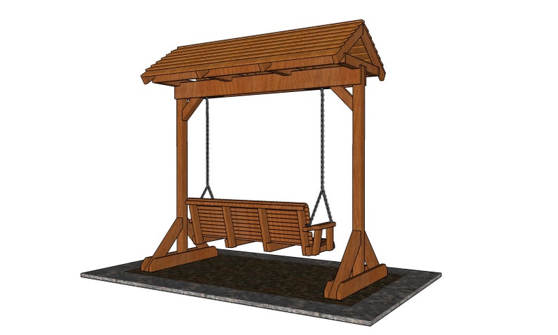 Puede incluir: Un columpio de madera con techo, que incluye un banco de columpio de madera marr&oacute;n suspendido de cadenas. El columpio est&aacute; sobre una base de hormig&oacute;n gris.