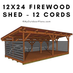 DIY 12x24 Firewood Shed Plans - 12 Cords Storage Shelter Plans - PDF Download