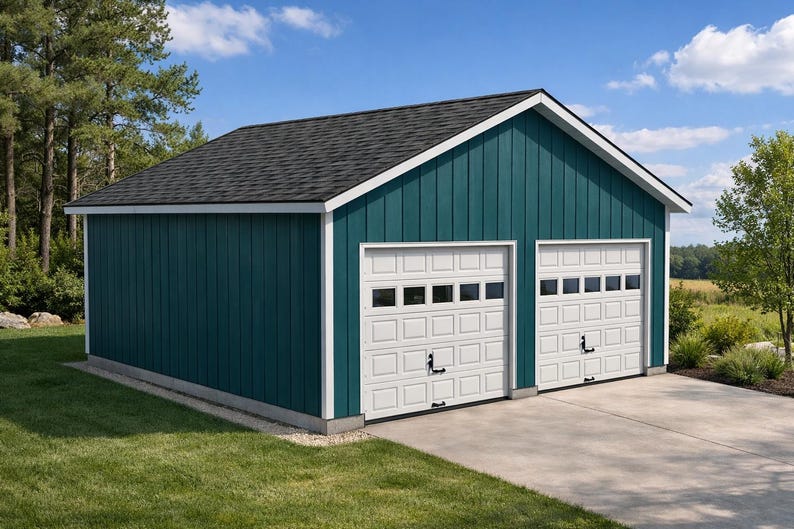 May include: A teal-colored two-car garage with white trim and two white garage doors. The roof is dark gray, and the building sits on a concrete driveway with a green lawn in front. The sky is blue with some clouds.
