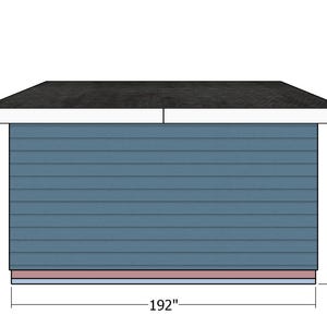 Op de afbeelding: Een blauwe schuur met een donker dak en witte rand. De schuur is 488 cm breed en 279 cm hoog. De schuur heeft horizontale gevelbekleding en een eenvoudig ontwerp.