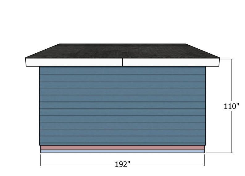 Op de afbeelding: Een blauwe schuur met een donker dak en witte rand. De schuur is 488 cm breed en 279 cm hoog. De schuur heeft horizontale gevelbekleding en een eenvoudig ontwerp.