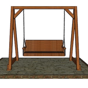May include: A wooden swing set with a brown bench and black chains. The swing set is on a stone patio.