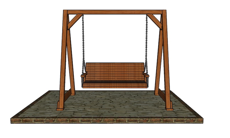 May include: A wooden swing set with a brown bench and black chains. The swing set is on a stone patio.