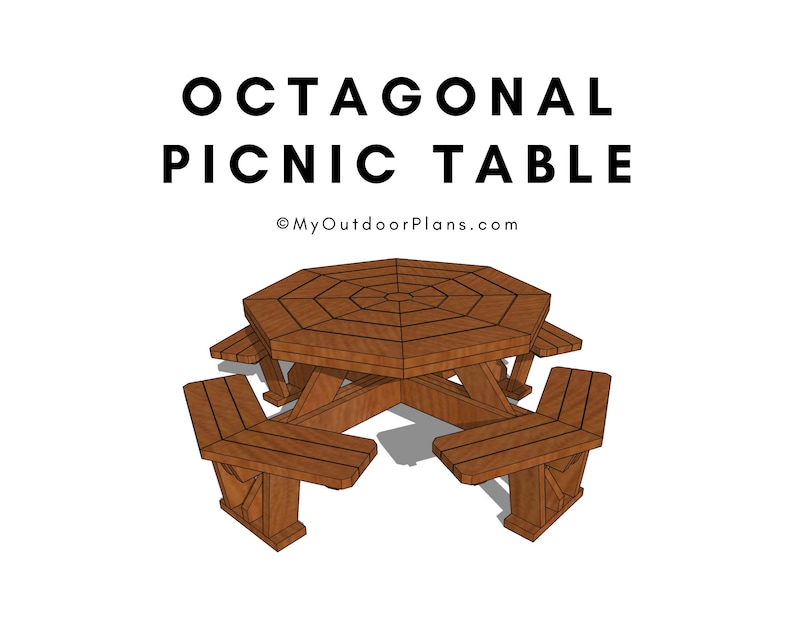 Op de afbeelding: Een houten achthoekige picknicktafel met zes banken. De tafel is bruin en heeft een spinnenwebontwerp op de bovenkant. De banken zijn ook bruin en hebben een eenvoudig ontwerp.