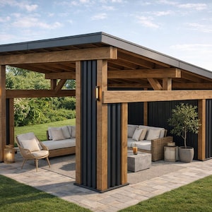 Peut inclure: Gazebo extérieur en bois avec un toit gris foncé et des accents verticaux noirs. Le gazebo comprend un coin salon avec un canapé, des chaises et une petite table. La structure est entourée de verdure et d'un patio en pierre.