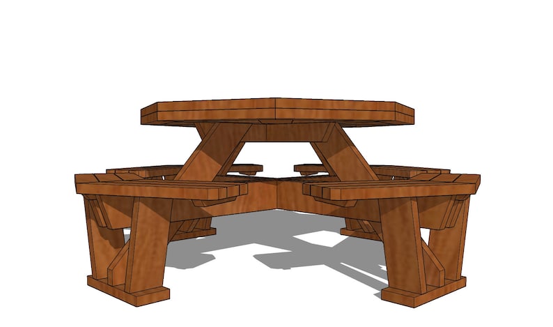Op de afbeelding: Een houten picknicktafel met een rond tafelblad en vier banken. De tafel is gemaakt van bruin hout en heeft een natuurlijke afwerking.
