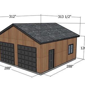 May include: A detailed illustration of a two-car garage with dimensions labeled in inches. The garage features two black garage doors, a small door, and a window. The roof is dark gray, and the walls are a light brown color.