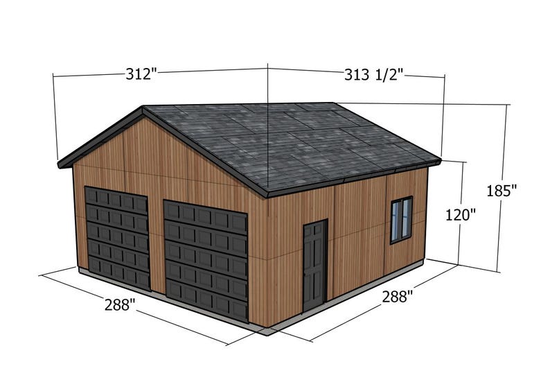 May include: A detailed illustration of a two-car garage with dimensions labeled in inches. The garage features two black garage doors, a small door, and a window. The roof is dark gray, and the walls are a light brown color.