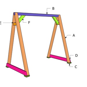 May include: A wooden swing set with two A-frame supports, a purple top beam, and green bracing. The supports are connected to pink base plates.