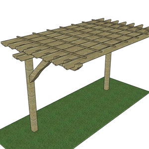 May include: A wooden pergola structure with a rectangular roof supported by two vertical posts. The roof is made of parallel wooden beams, creating a shaded area. The structure is set on a green grassy area, ideal for outdoor spaces.