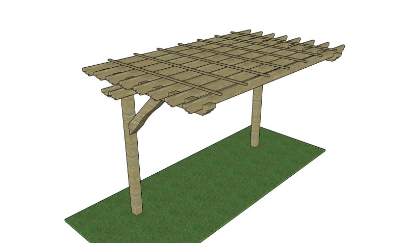 May include: A wooden pergola structure with a rectangular roof supported by two vertical posts. The roof is made of parallel wooden beams, creating a shaded area. The structure is set on a green grassy area, ideal for outdoor spaces.